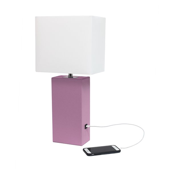 Elegant Designs Modern Leather Table Lamp with USB and Fabric Shade - 21-in - Purple