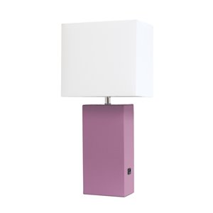 Lampe de table en cuir moderne avec abat-jour en tissu et port USB Elegant Designs, 21 po, violet