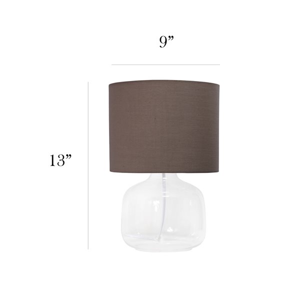 Simple Designs Glass Table Lamp with Fabric Shade - 13-in - Clear and Gray