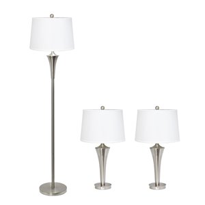 Elegant Designs 3-Piece Stylish Contemporary Lamp Set with White Shades (1 Floor Lamp and 2 Table Lamps) - Nickel Fixtures