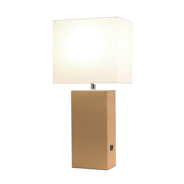 Lampe de table en cuir moderne avec abat-jour en tissu et port USB Elegant Designs, 21 po, beige