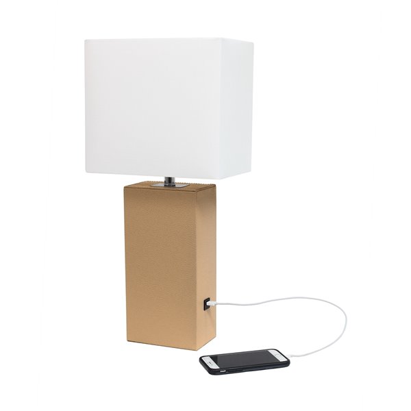 Lampe de table en cuir moderne avec abat-jour en tissu et port USB Elegant Designs, 21 po, beige