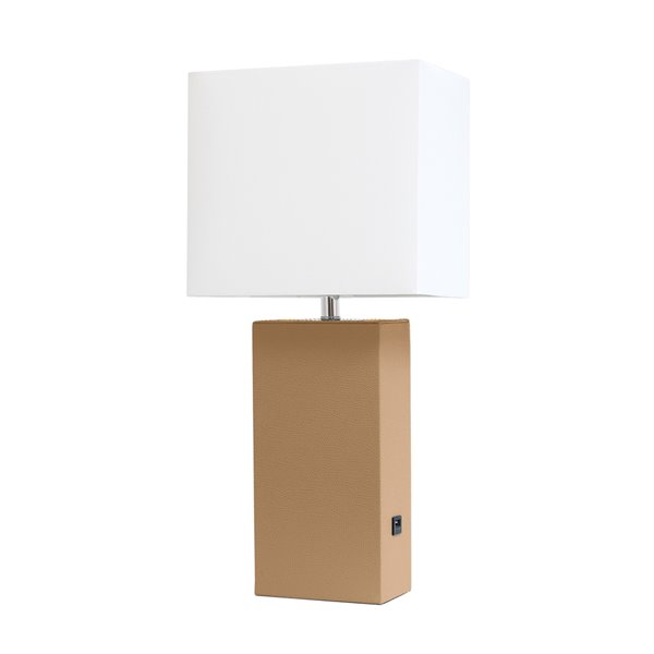 Lampe de table en cuir moderne avec abat-jour en tissu et port USB Elegant Designs, 21 po, beige