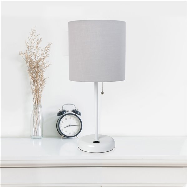 LimeLights Stick Lamp with USB Charging Port and Fabric Shade - 19.5-in - White Base and White Gray