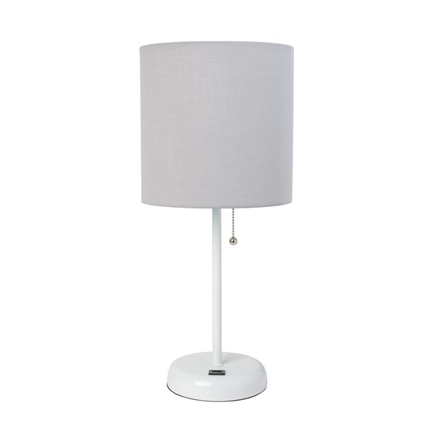 LimeLights Stick Lamp with USB Charging Port and Fabric Shade - 19.5-in - White Base and White Gray