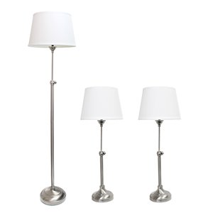 Ensemble moderne/contemporain de 3 lampes Elegant Designs, 1 lampe sur pied et 2 lampes de table, abat-jour blanc, nickel