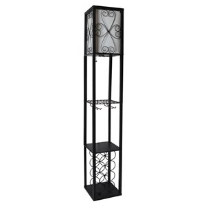 Simple Designs Floor Lamp Etagere Organizer Storage Shelf and Wine Rack with Linen Shade - 62.75-in - Black