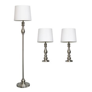 Ensemble traditionnel de 3 lampes Elegant Designs, 1 lampe sur pied et 2 lampes de table, abat-jour blanc, acier