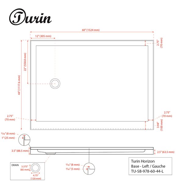 Turin Horizon Shower Base - 60-in x 44-in - Left Drain