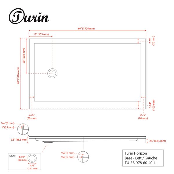 Turin Horizon Shower Base - 60-in x 40-in - Left Drain