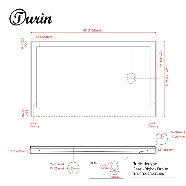 Turin Horizon Shower Base - 60-in x 40-in - Right Drain