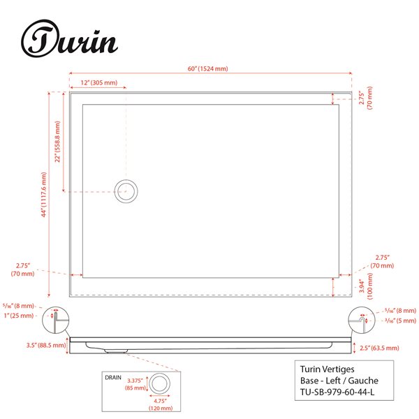 Base de douche Vertiges de Turin, 60 po x 44 po, drain à gauche