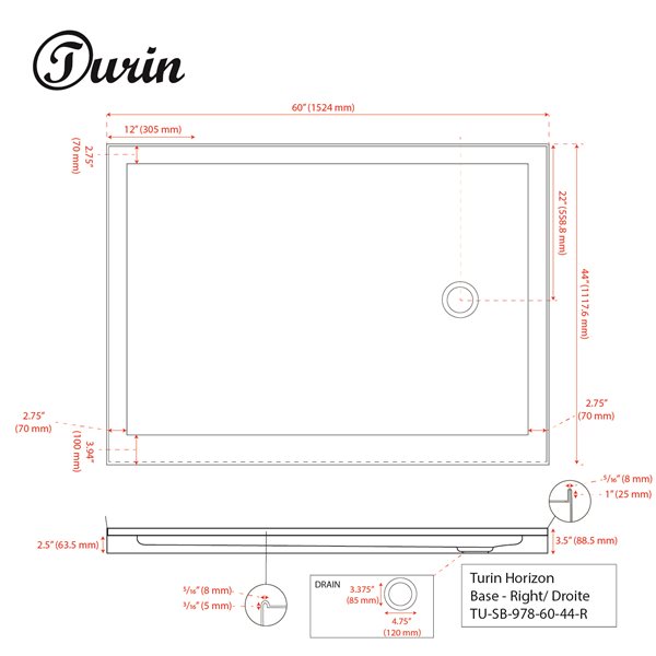 Turin Horizon Shower Base - 60-in x 44-in - Right Drain