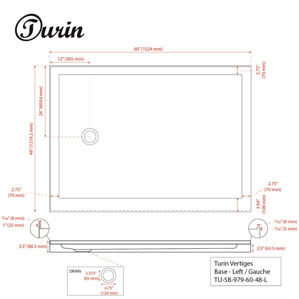 Turin Vertiges 60-in x 48-in Left Drain White Acrylic Shower Base