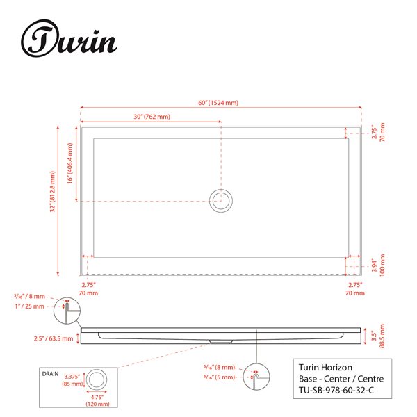 Base de douche Horizon de Turin, 32 po x 60 po, drain au centre