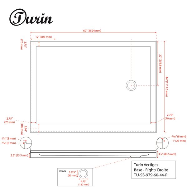 Turin Vertiges Shower Base - 60-in x 44-in - Right Drain