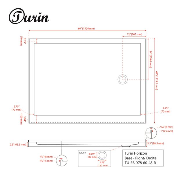 Base de douche Horizon de Turin, 60 po x 48 po, drain à droite