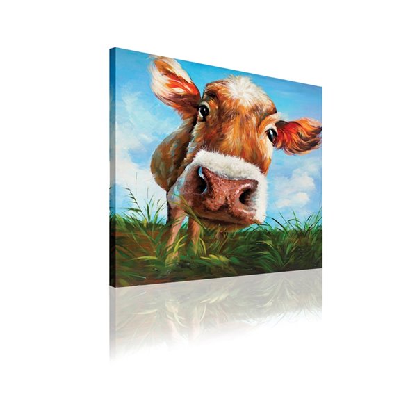 ArtMaison Canada Frameless 24-in H x 24-in W Country Canvas Print - Cow in Field, Brown, Green and Bleu