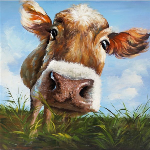 ArtMaison Canada Frameless 24 in H x 24 in W Country Canvas Print Cow in Field Brown Green and Bleu