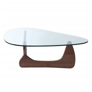 Nicer Interior Noguchi Contemporary Coffee Table - 52-in x 36-in - Light Walnut Brown /Clear Glass