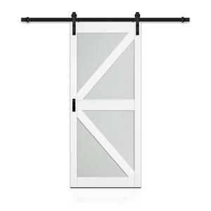 Porte de grange coulissante de Renin, fenêtres en verre givré, design en K, 36 po x 84 po, blanc