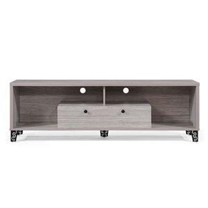 Noble House Celine Mid-Century Modern Faux Wood Entertainment Unit - Gray Oak and Black