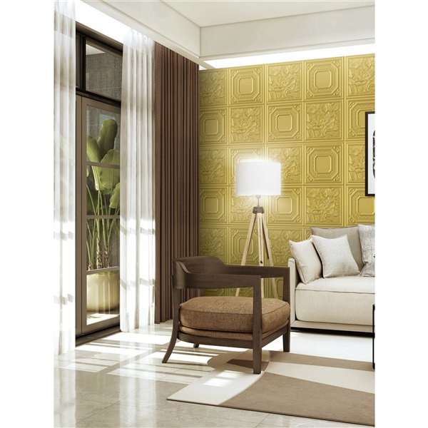 Dundee Deco Falkirk Jura II Peel and Stick 3D Wall Panel - Flowers - 28-in x 28-in - Green and Gold - 5-Pack