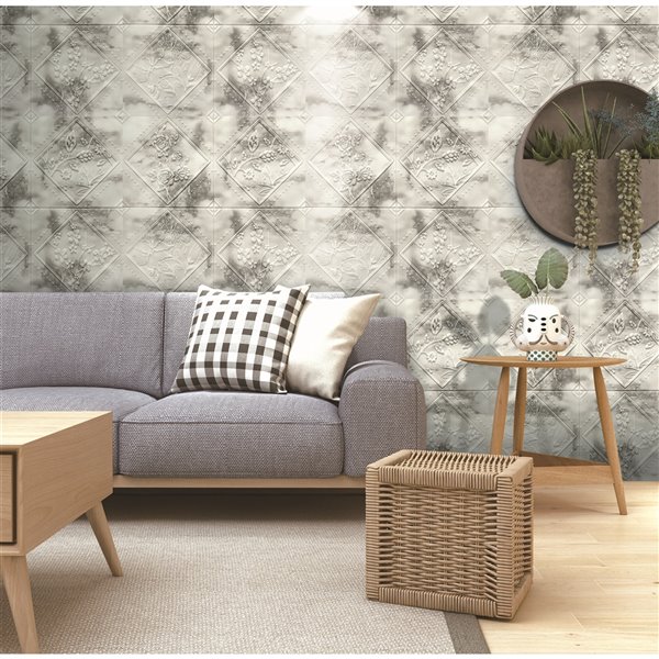 Dundee Deco Falkirk Jura II Peel and Stick 3D Wall Panel - Flowers in Rhombus - 28-in x 28-in - Off-White and Charcoal