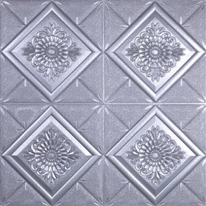 Dundee Deco Falkirk Jura II Peel and Stick 3D Wall Panel - Stylized Flowers in Diamonds - 28-in x 28-in - Dark Silver