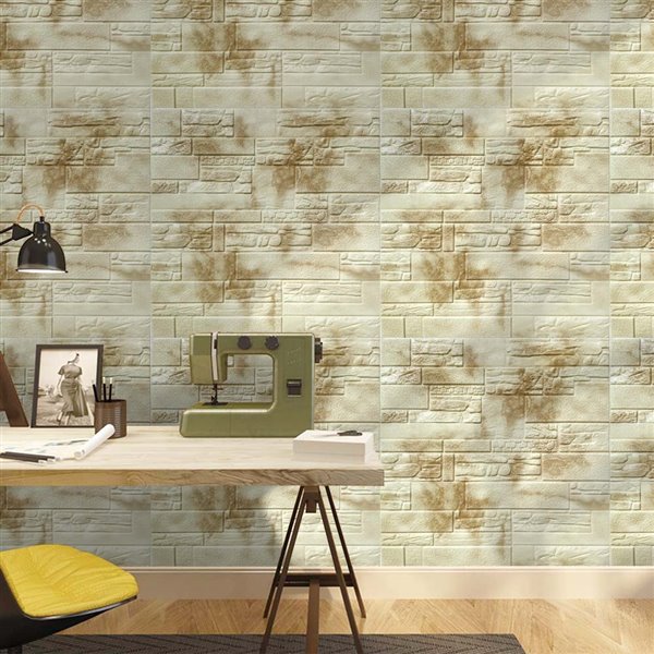 Dundee Deco Falkirk Jura II Peel and Stick 3D Wall Panel - Faux Bricks and Stones - 28-in x 28-in - Beige and Brown