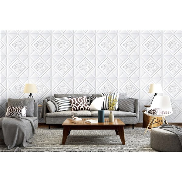 Dundee Deco Falkirk Jura II Peel and Stick 3D Wall Panel - Stylized Flowers in Diamonds - 28-in x 28-in - Off-White