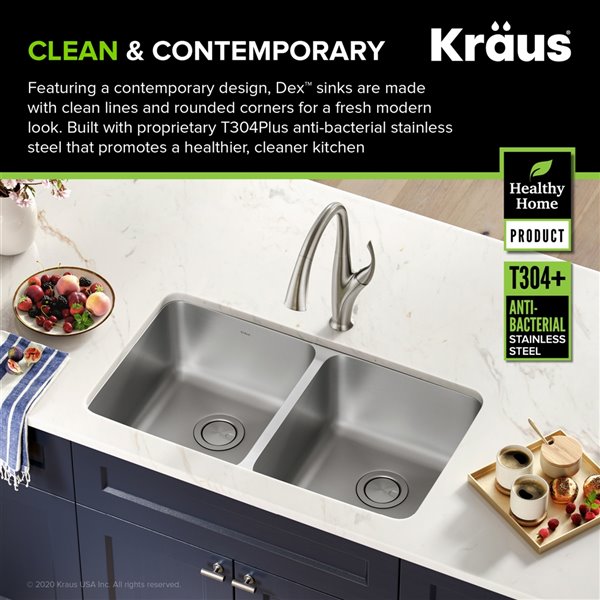 Kraus Undermount Double Bowl Sink - Stainless Steel - 33-in