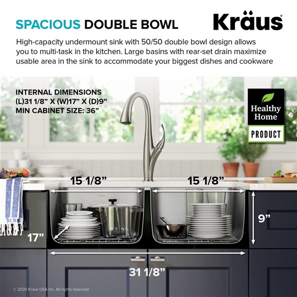 Kraus Undermount Double Bowl Sink - Stainless Steel - 33-in