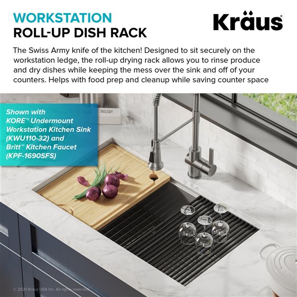 KRAUS Multipurpose Workstation Sink Roll-Up Dish Drying Rack in Light Grey