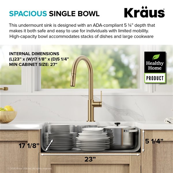 Kraus Undermount Single Bowl ADA Sink - Stainless Steel - 25-in