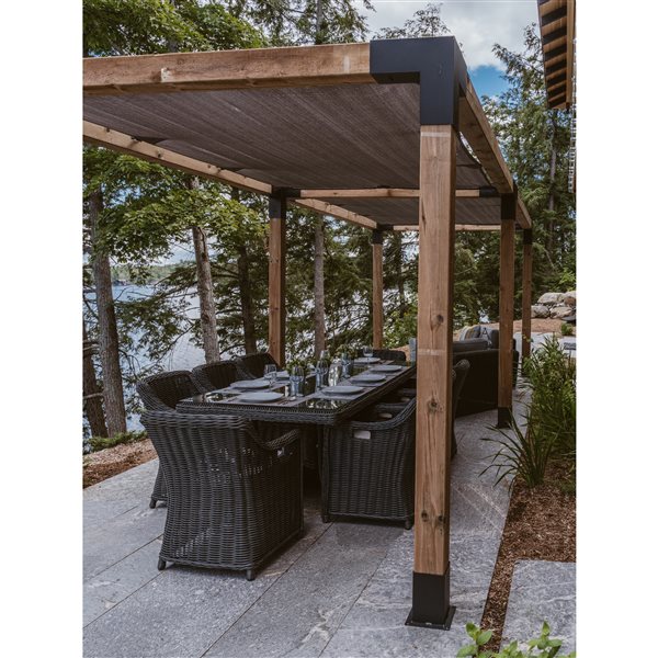 Trousse de pergola double Toja Grid avec 2 voiles d'ombrage pour pôteau de bois 6x6, 8 pi x 24 pi, autoportant