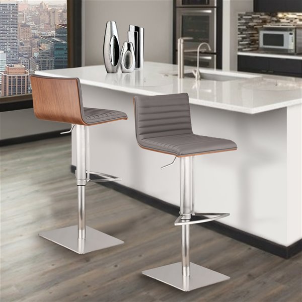 Armen Living Café Mid-Century Adjustable Height and Swivel Bar Stool - Grey/Chrome