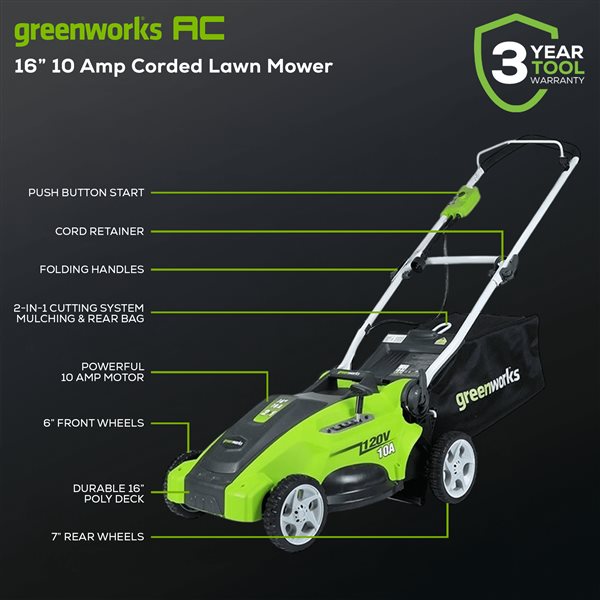 Greenworks 10 Amp Corded 16-Inch Corded Lawn Mower 25142CA | RONA