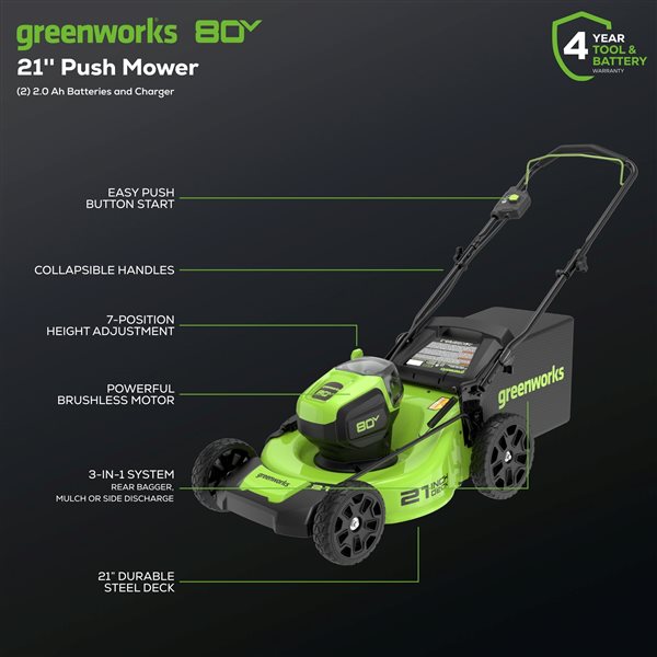 Greenworks Pro 80-Volt 21-in  Cordless and Brushless Push Lawn Mower with 2 Lithium-Ion Batteries
