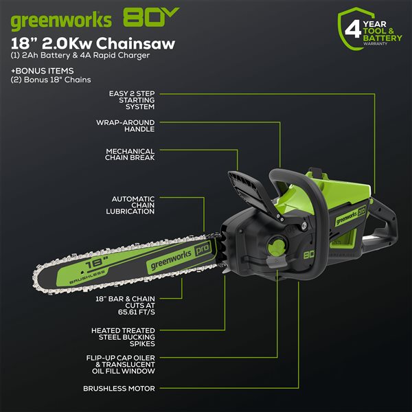 Greenworks Pro Cordless Chainsaw - 80-Volt - 18-in Bar Length - 1-Battery/Charger