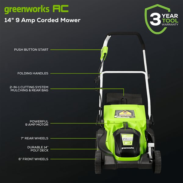 Greenworks 14-In 9 Amp Corded Lawn Mower 2507402CA | RONA