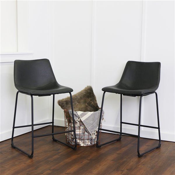 Walker Edison Industrial Faux Leather Counter Stool Set - 26-in - Black