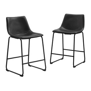 Walker Edison Industrial Faux Leather Counter Stool Set - 26-in - Black