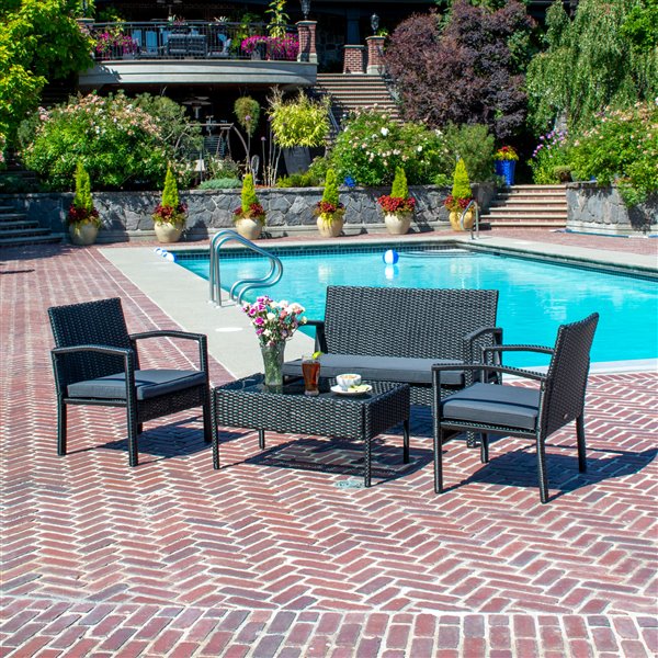 Patio Flare Ivan 4Piece Conversation Set 3 Cushions Black and Gray