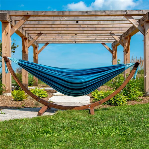 Hamac double en coton de Vivere avec support en pin massif, Blue Lagoon