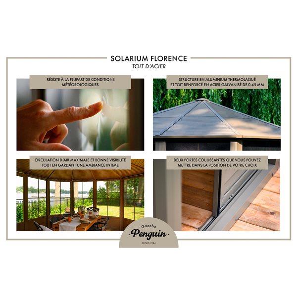 Solarium Florence de Gazebo Penguin avec toit en métal 12 pi x 12 pi, ardoise