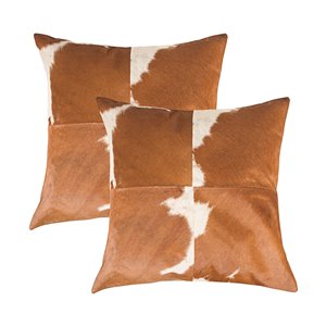 Oreillers carrés en peau de vache Torino Quattro de Natural de Lifestyle, 18 po x 18 po, marron blanc, 2 mcx