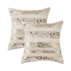 Oreillers carrés en peau de vache Torino Madrid de Natural de Lifestyle, 18 po x 18 po, naturel et or, 2 mcx