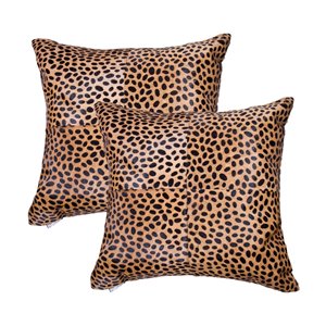 Oreillers carrés en peau de vache Torino Togo Quattro de Natural de Lifestyle, 18 po x 18 po, guépard, 2 mcx