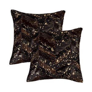 Oreillers carrés en peau de vache Torino Chevron de Natural de Lifestyle, 18 po x 18 po, chocolat et or, 2 mcx